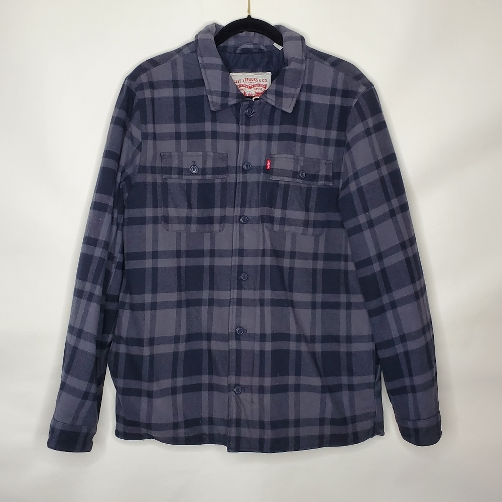 Levi's Lined Flannel Shirt Jacket L Plaid Button and Zip Front Shacket Western